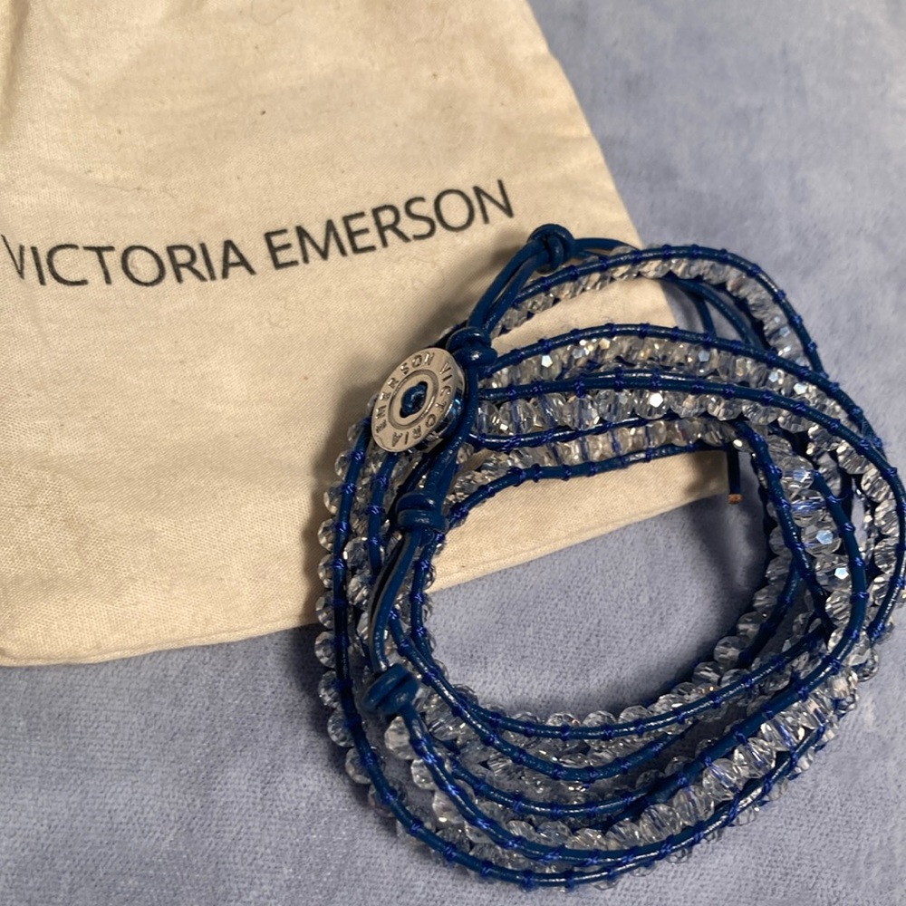 Victoria Emerson clear faceted crystal beaded blue leather bracelet and pouch